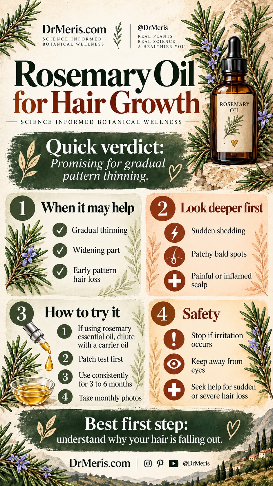 DrMeris infographic on rosemary oil for hair growth, hair loss patterns, safe application, and when to seek medical advice